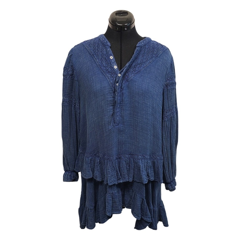 Free People Crochet Lace Tiered Ruffle Mini Dress Indigo Blue S NEW WITH FLAW